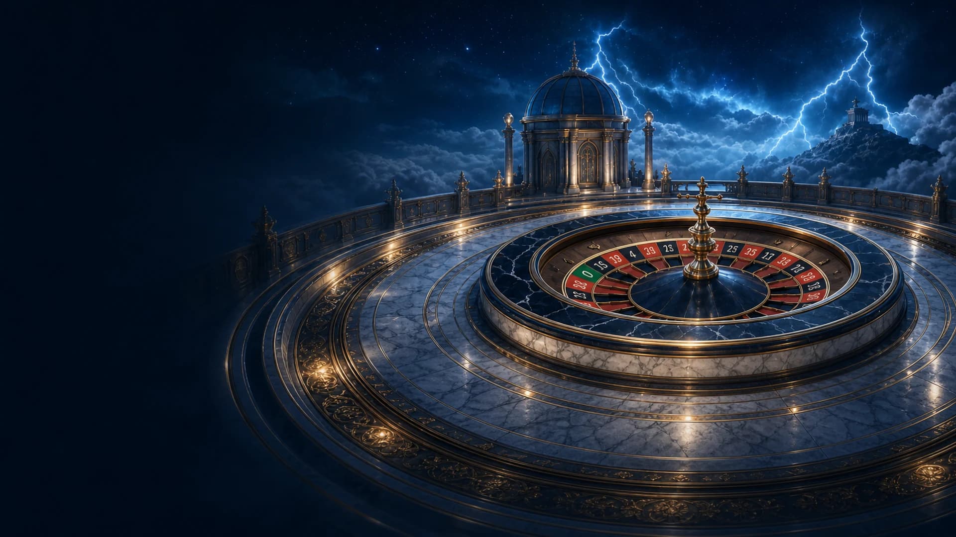 A celestial European roulette wheel among moonlit clouds