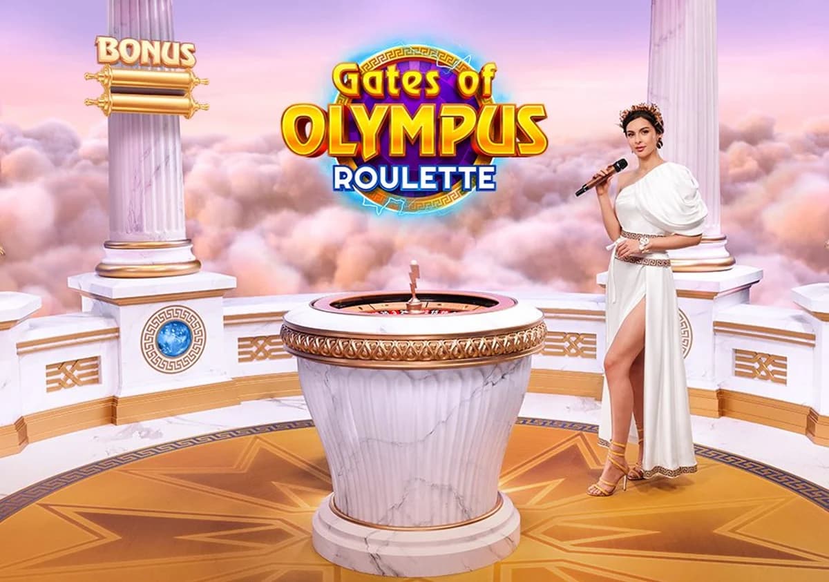 Official Gates of Olympus Roulette live studio with presenter and roulette wheel