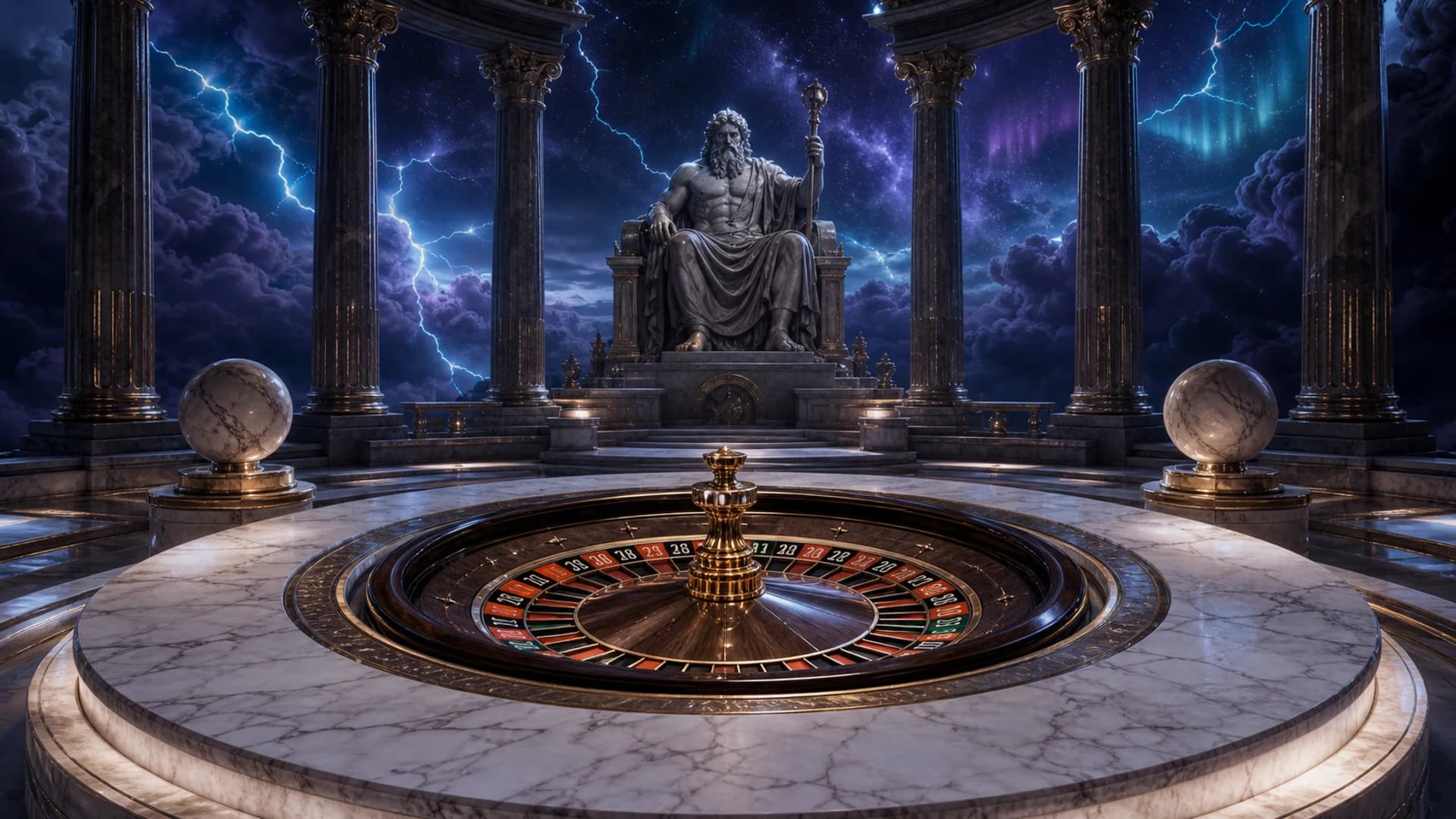 A cinematic celestial marble observatory with a European roulette wheel